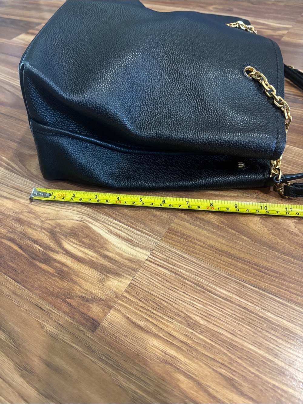Tory Burch Dark Navy Almost Black Leather Tote with Gold Logo & Chain Straps - Picture 6 of 12